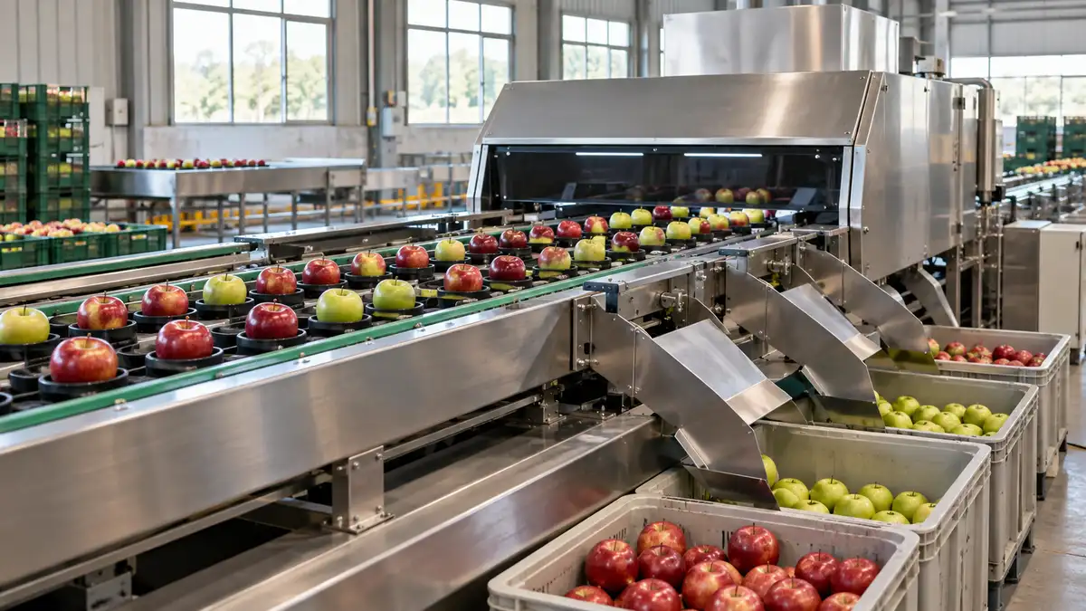 Illustrative image of fruit grading machines on a workshop surface.