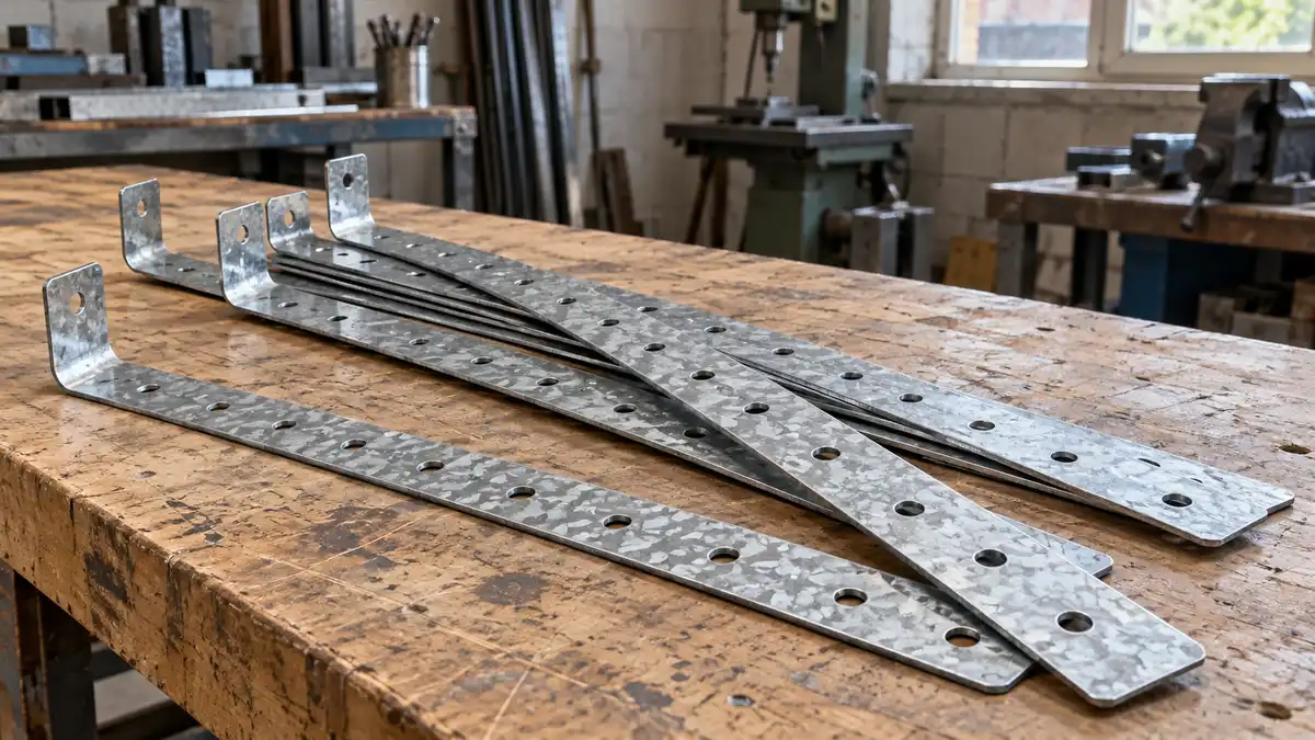 Illustrative image of galvanised restraint straps on a workshop surface.