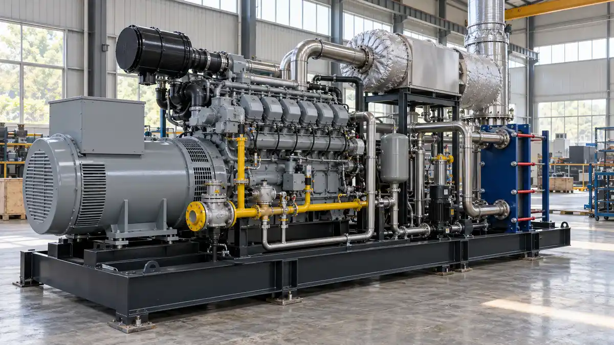 Illustrative image of gas CHP generating sets on a workshop surface.