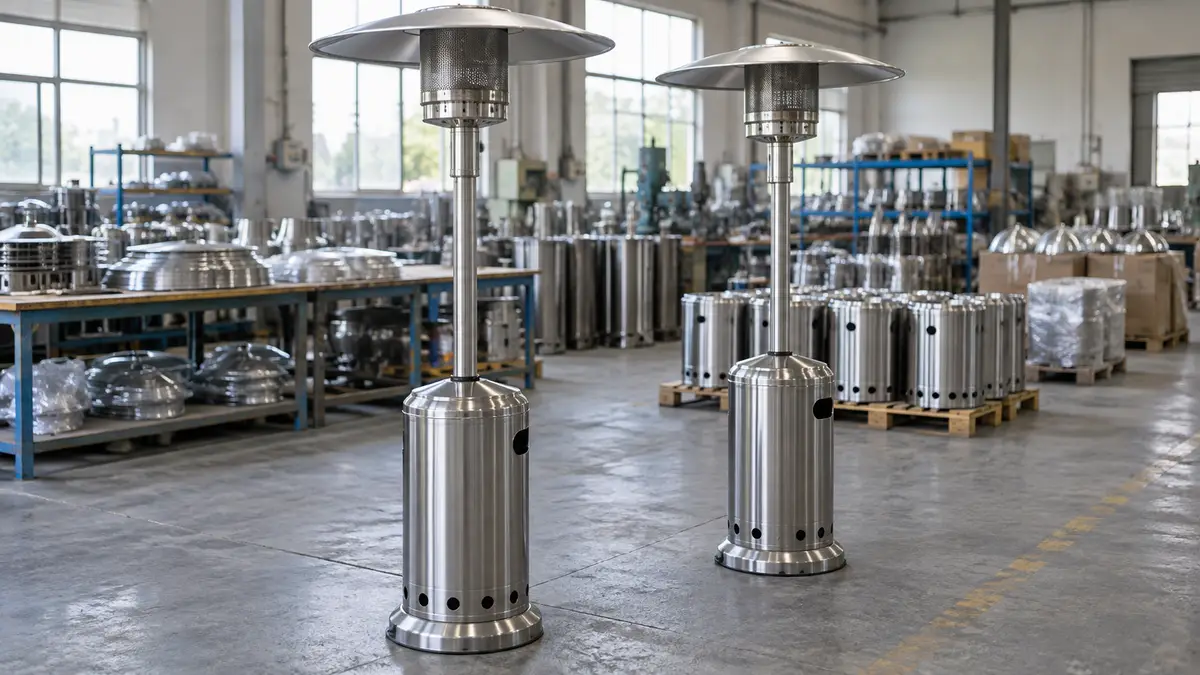 Illustrative image of gas patio heaters on a workshop surface.
