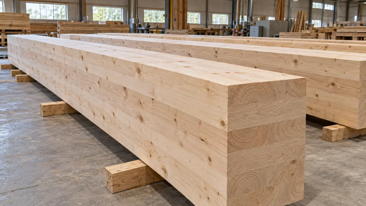 Illustrative image of glulam timber beams on a workshop surface.