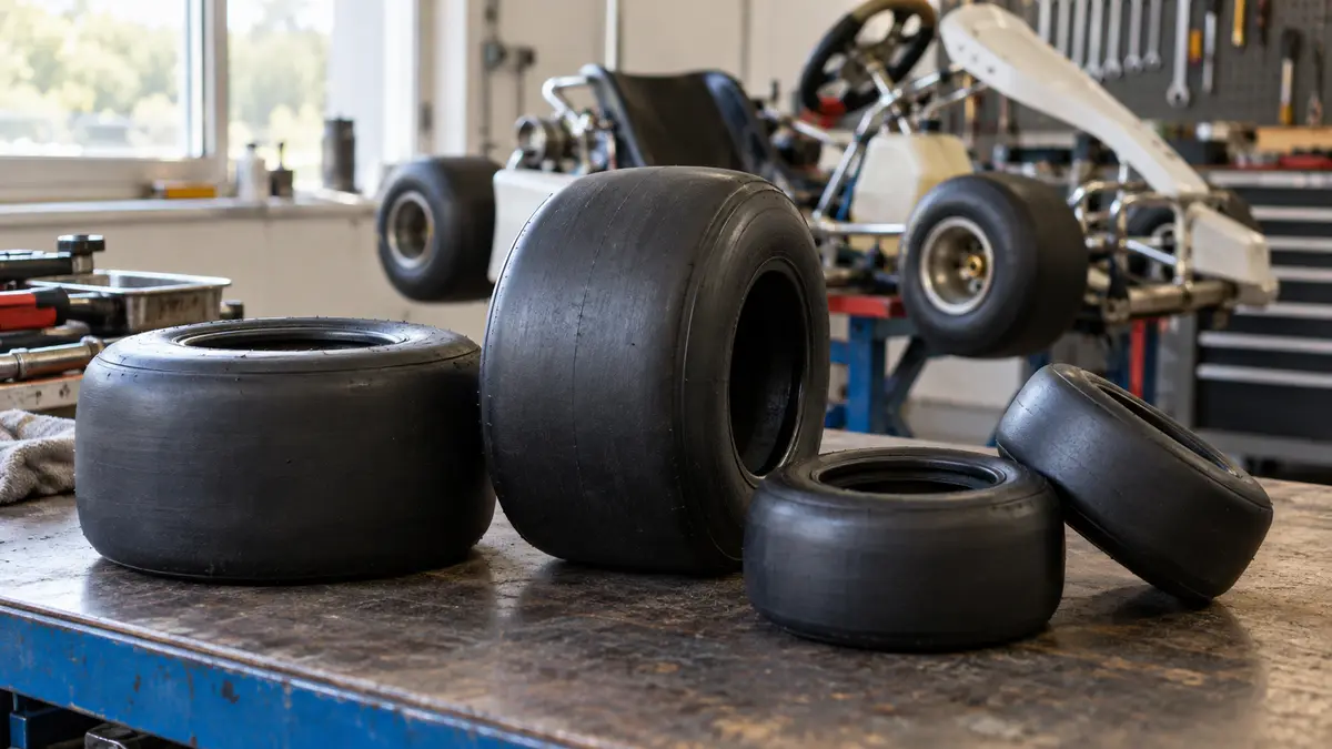 Illustrative image of go-kart tyres on a workshop surface.