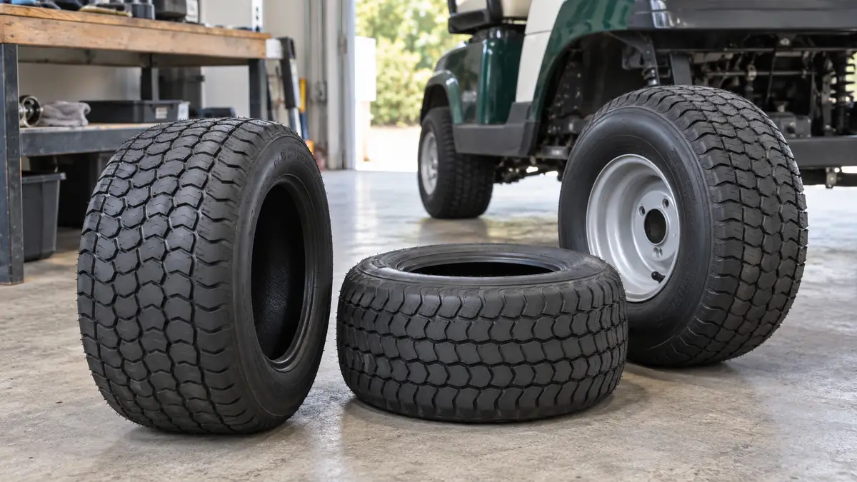 Illustrative image of golf buggy tyres on a workshop surface.