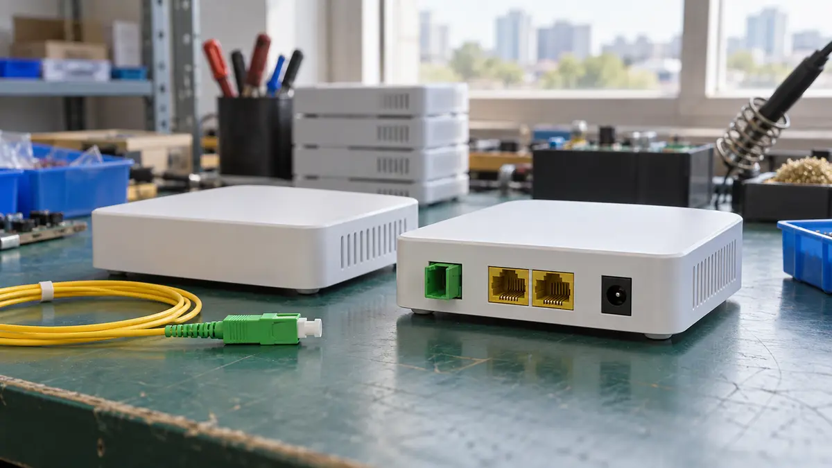 Illustrative image of GPON terminals on a workshop surface.
