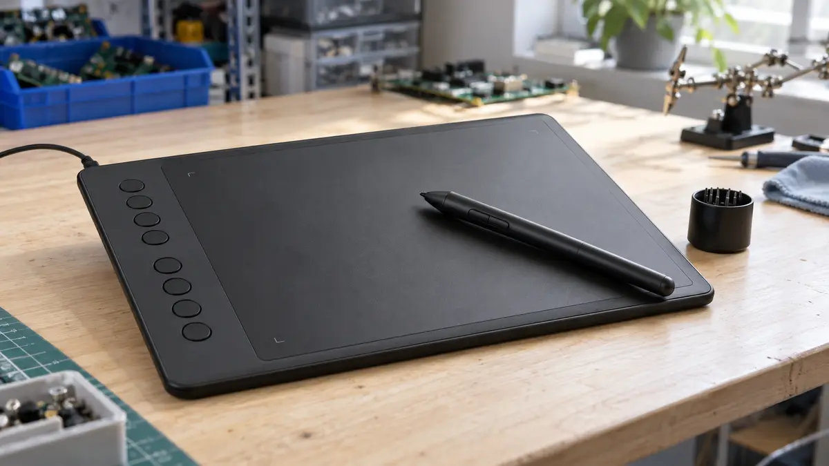 Illustrative image of digitising tablets on a workshop surface.