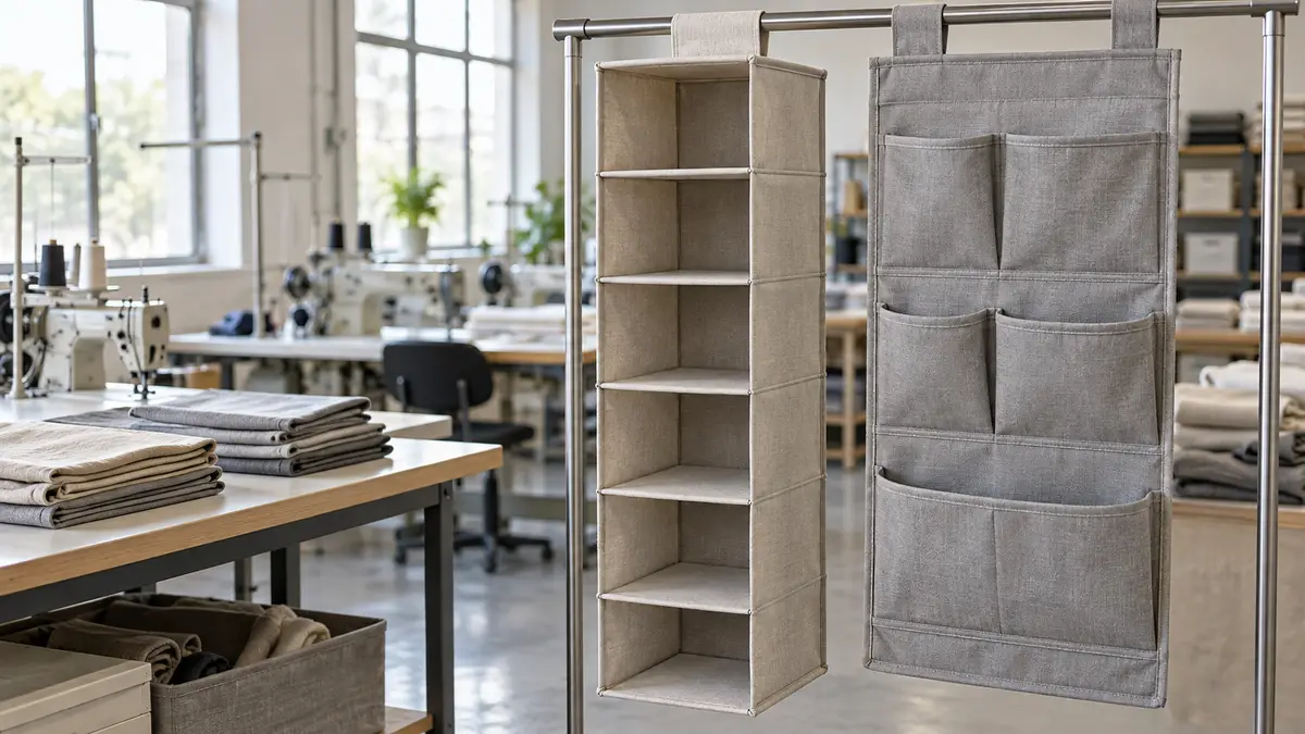 Illustrative image of hanging organisers on a workshop surface.