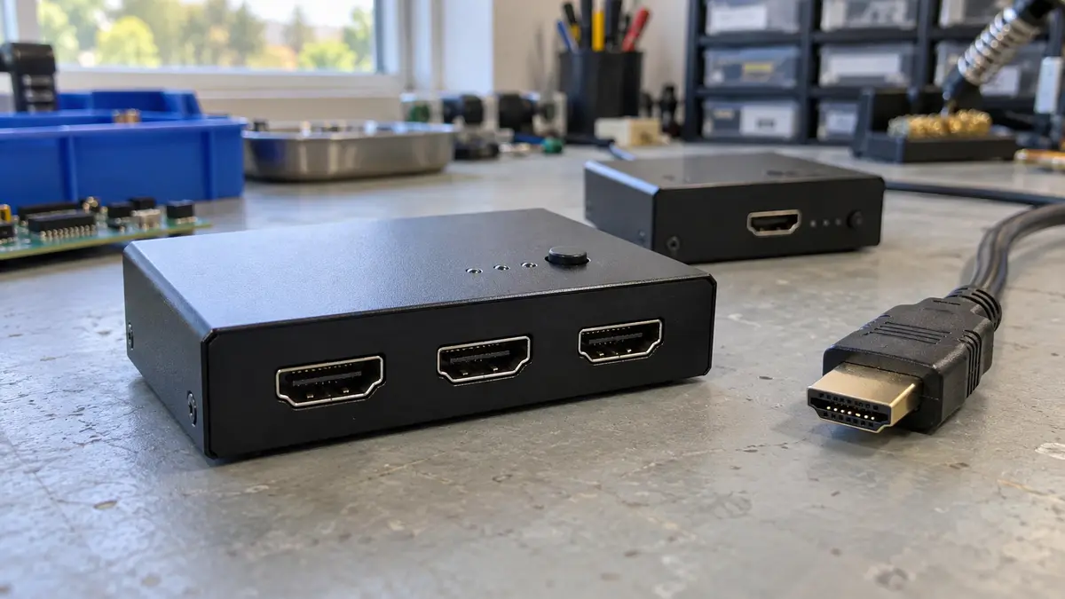Illustrative image of HDMI switches on a workshop surface.