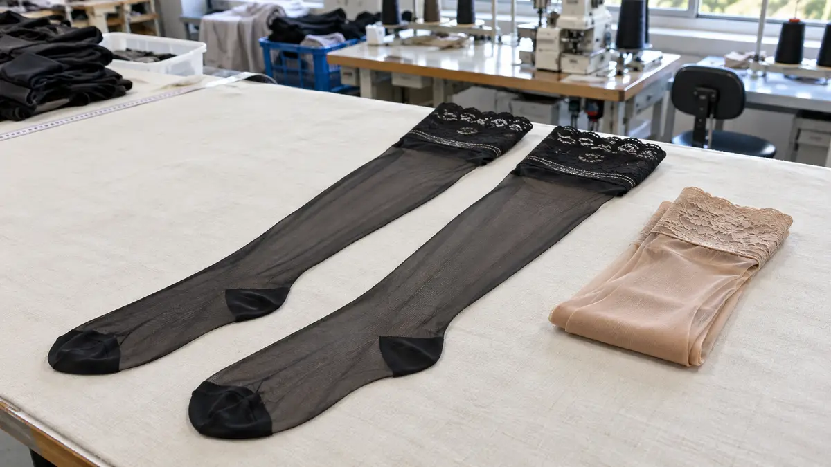Illustrative image of hold-up stockings on a workshop surface.