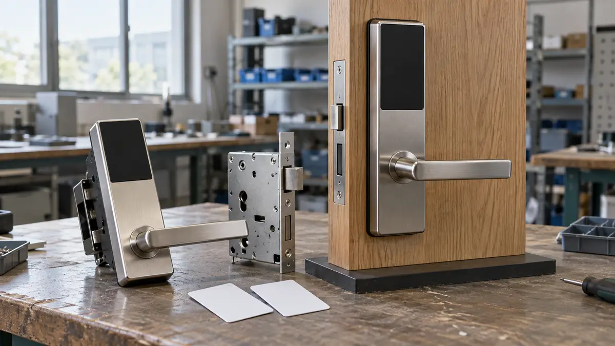 Illustrative image of hotel RFID door locks on a workshop surface.