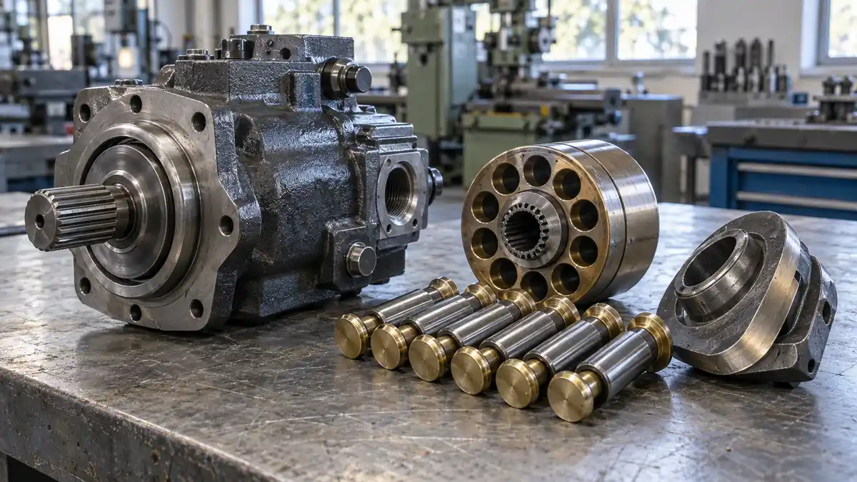 Illustrative image of hydraulic axial piston pumps on a workshop surface.