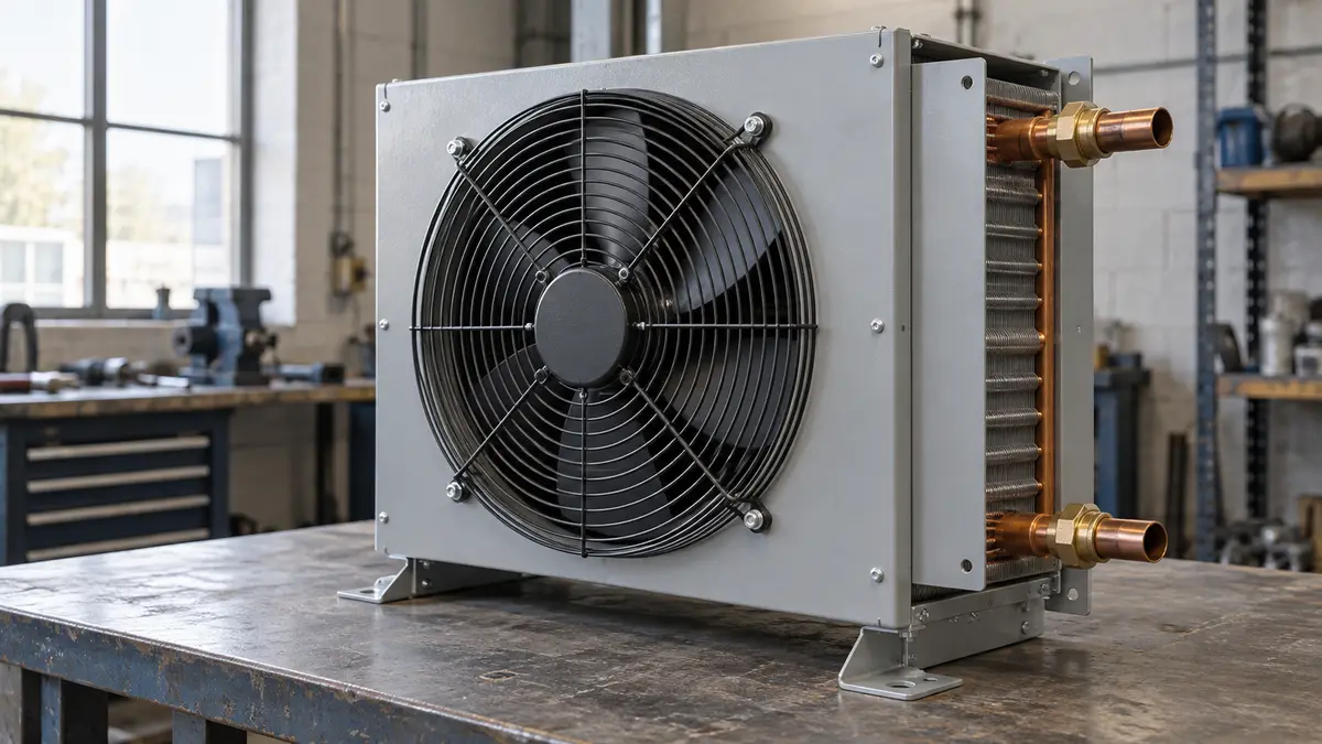 Illustrative image of hydronic unit heaters on a workshop surface.
