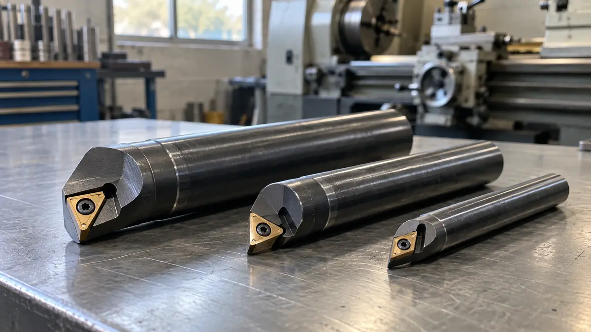 Illustrative image of indexable boring bars on a workshop surface.