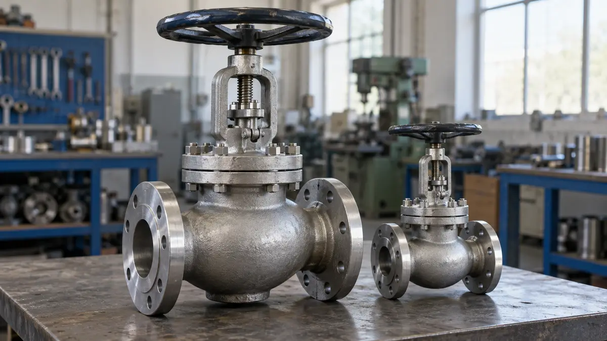 Illustrative image of industrial globe valves on a workshop surface.
