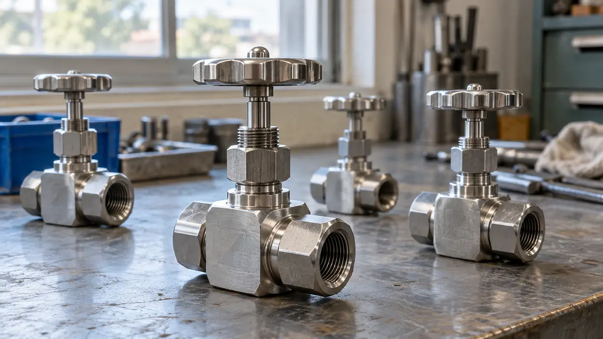 Illustrative image of industrial needle valves on a workshop surface.