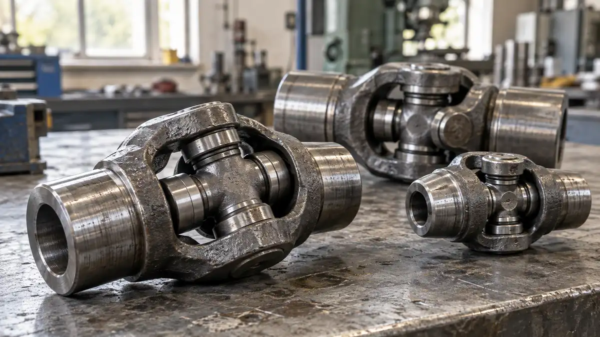 Illustrative image of industrial universal joints on a workshop surface.