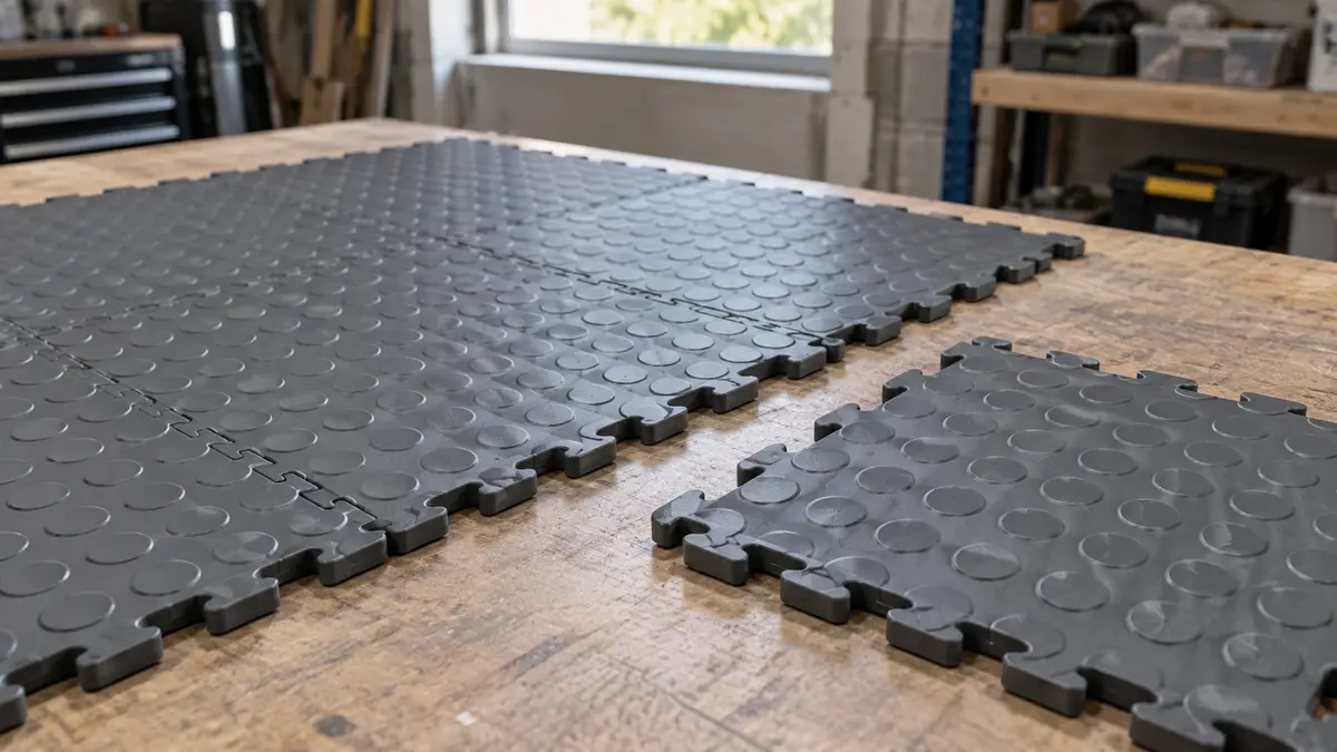 Illustrative image of interlocking PVC floor tiles on a workshop surface.