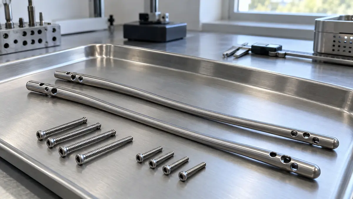 Illustrative image of intramedullary nails on a workshop surface.