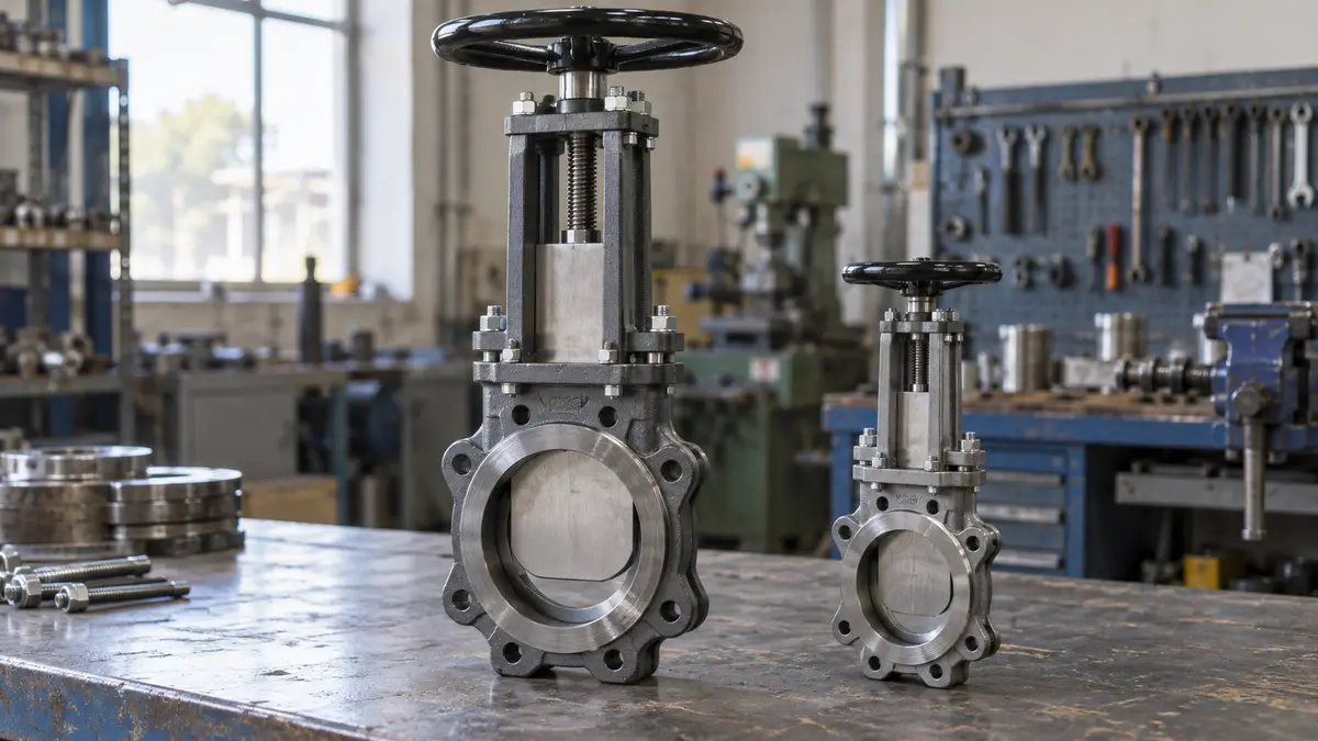 Illustrative image of knife gate valves on a workshop surface.