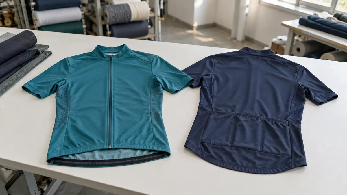 Illustrative image of knitted cycling jerseys on a workshop surface.