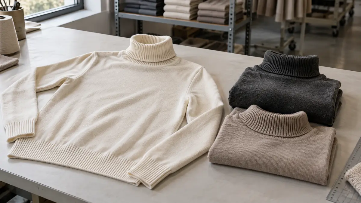 Illustrative image of knitted turtleneck tops on a workshop surface.