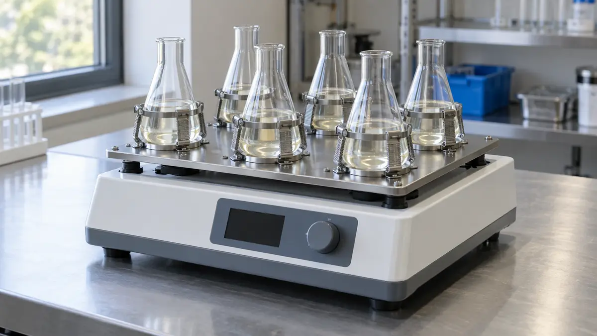 Illustrative image of laboratory orbital shakers on a workshop surface.