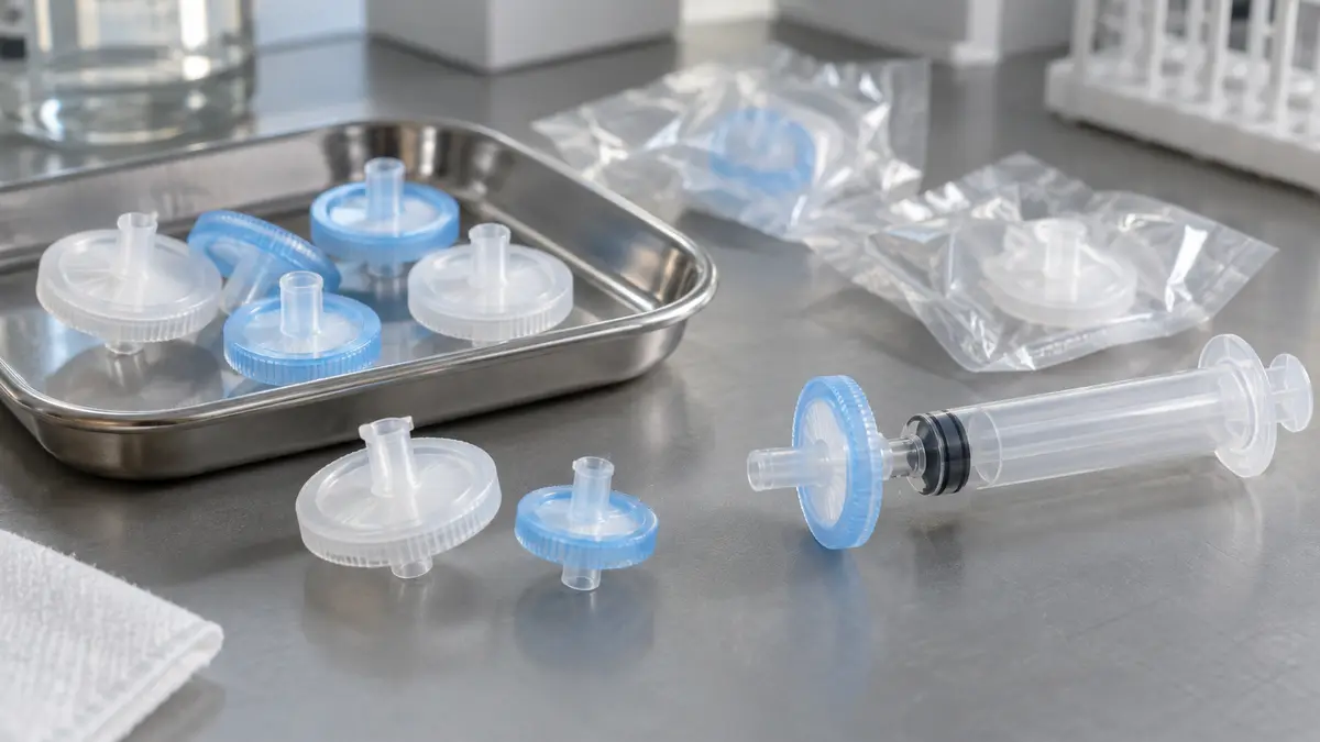 Illustrative image of laboratory syringe filters on a workshop surface.