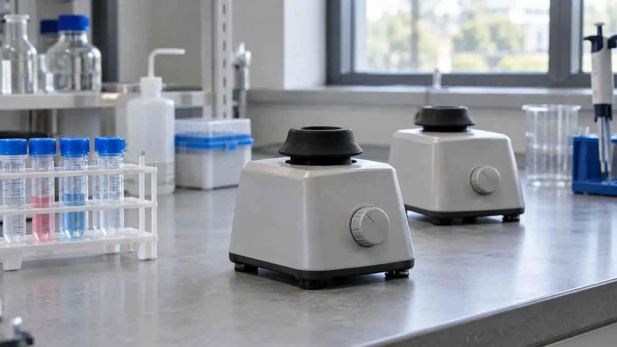 Illustrative image of laboratory vortex mixers on a workshop surface.