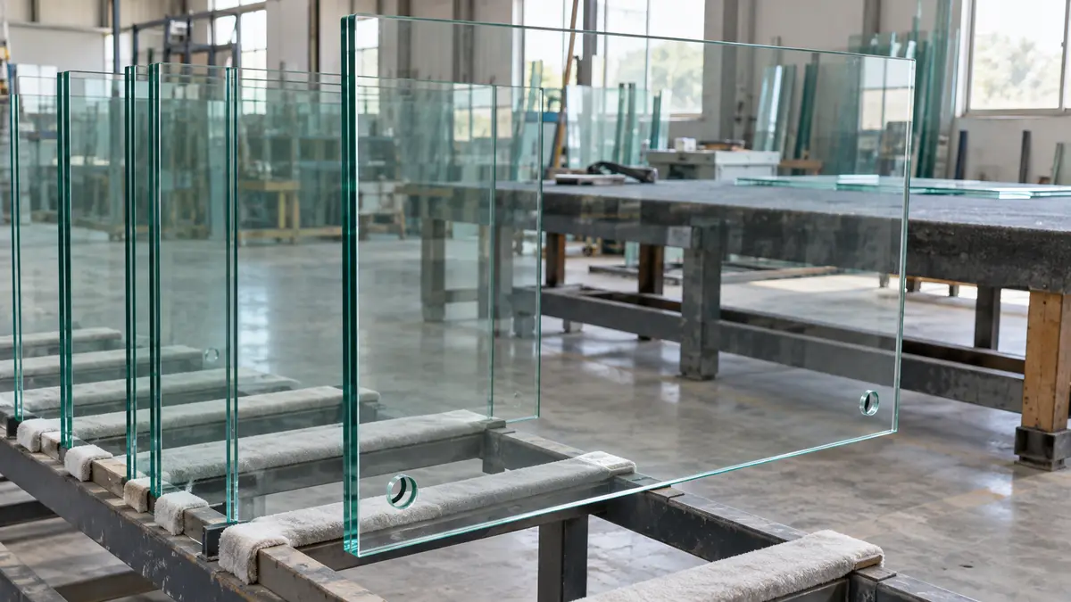 Illustrative image of laminated balustrade glass on a workshop surface.