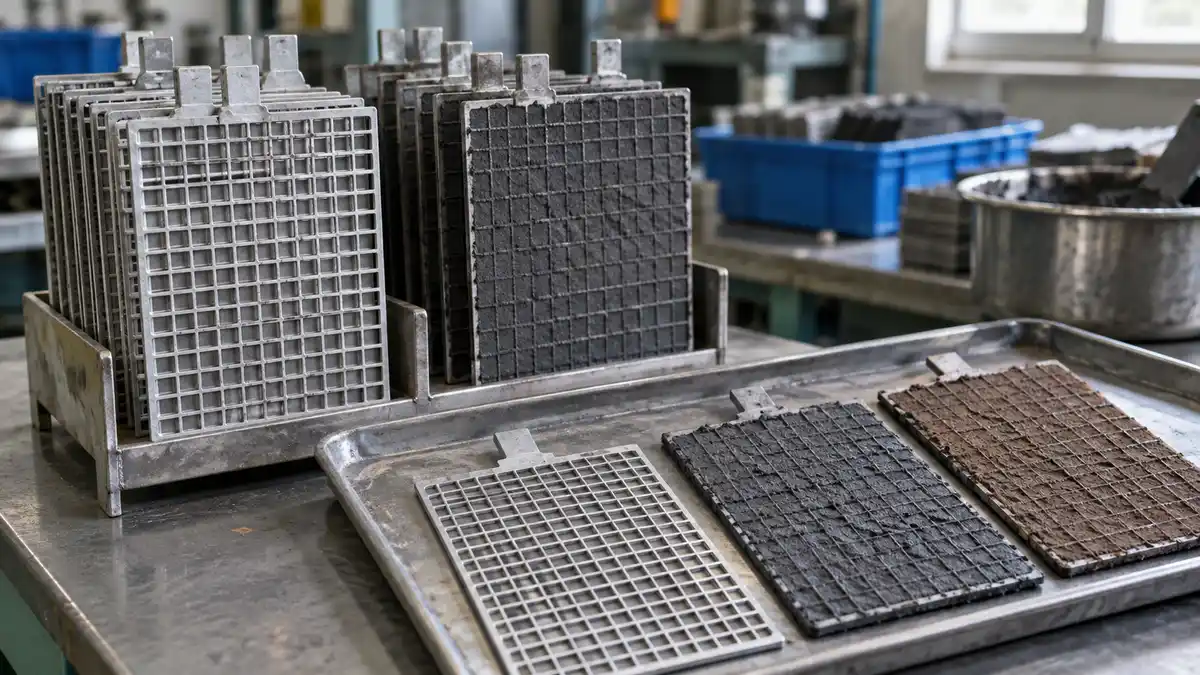 Illustrative image of lead-acid battery plates on a workshop surface.