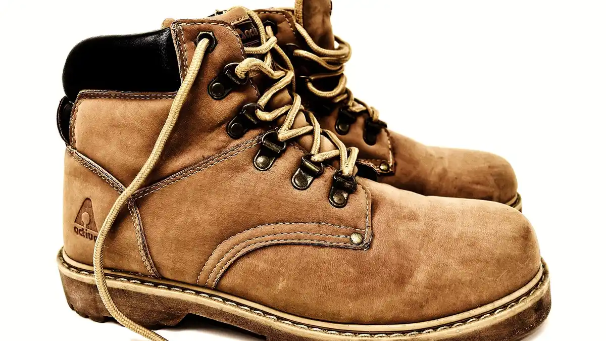 A pair of leather hiking boots.