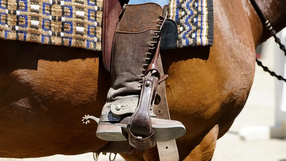 Leather boots and equestrian equipment with a horse and rider.