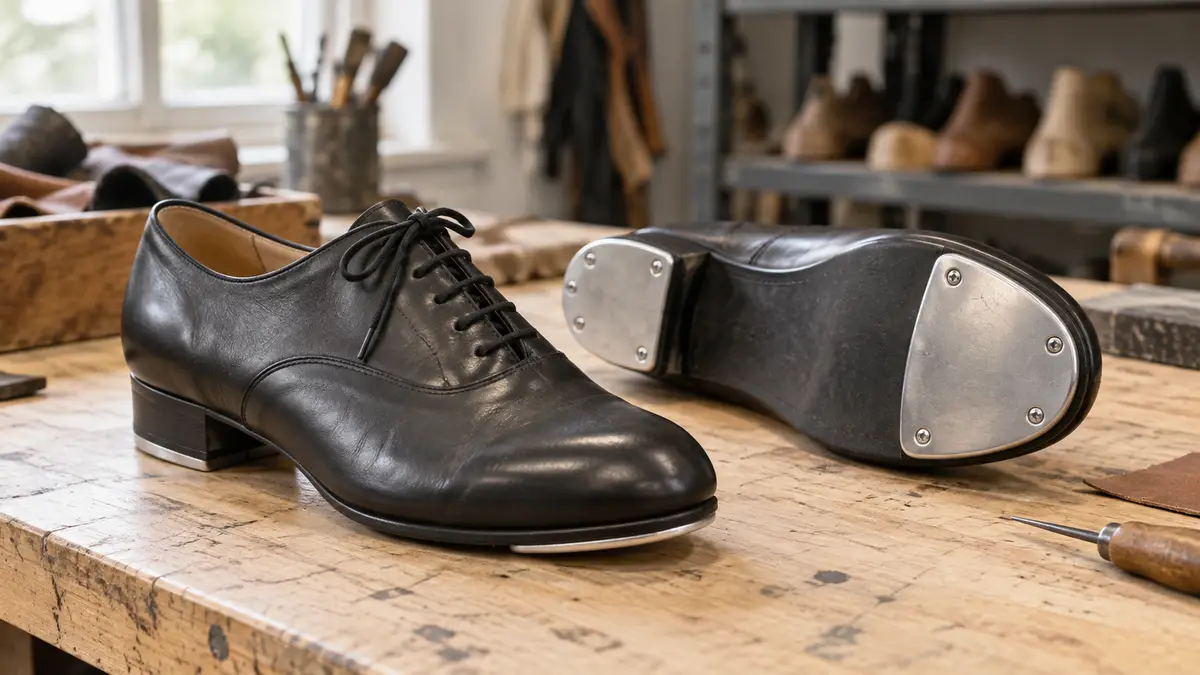 Illustrative image of leather tap shoes on a workshop surface.