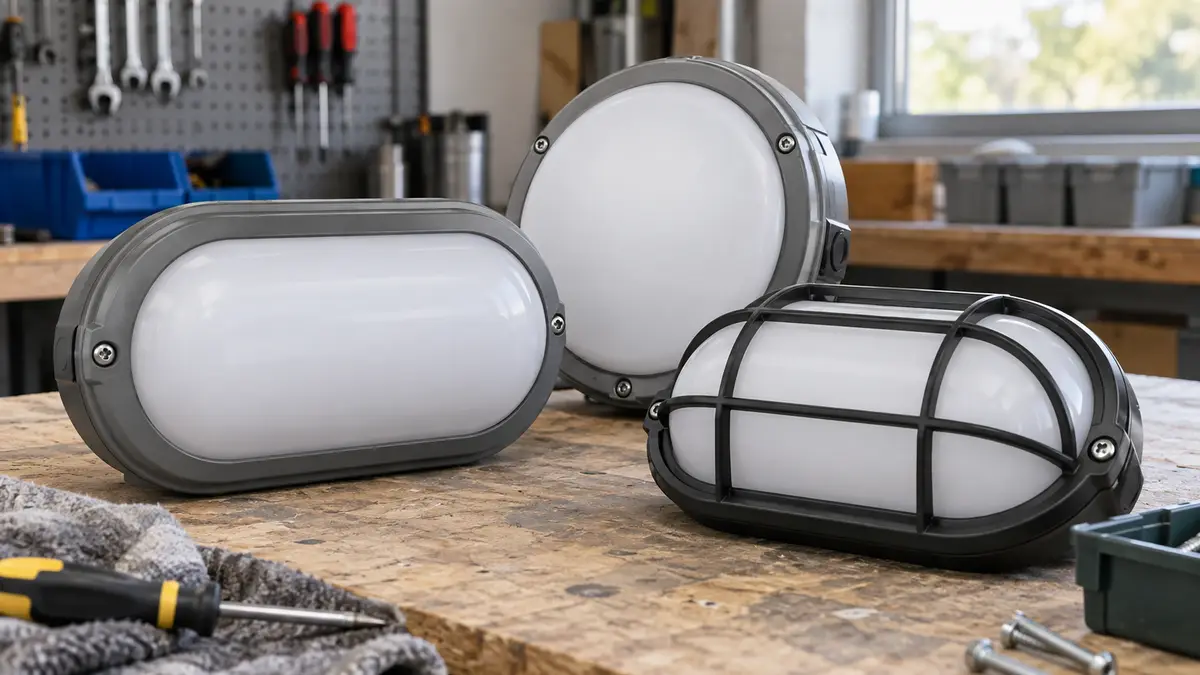 Illustrative image of LED bulkhead lights on a workshop surface.
