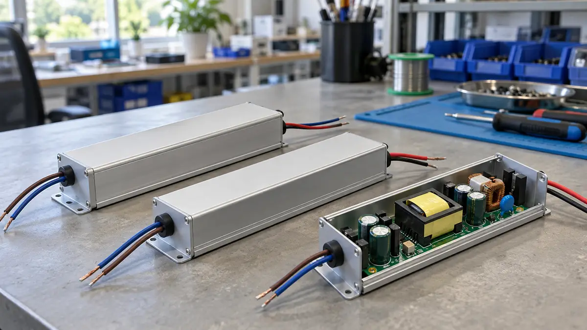Illustrative image of LED drivers on a workshop surface.