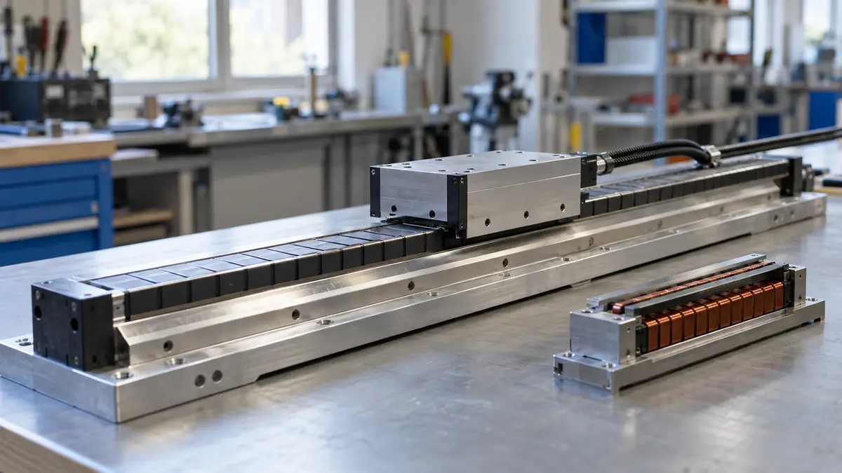 Illustrative image of linear electric motors on a workshop surface.