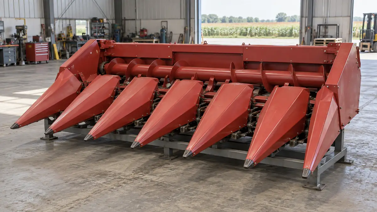 Illustrative image of maize harvesting headers on a workshop surface.