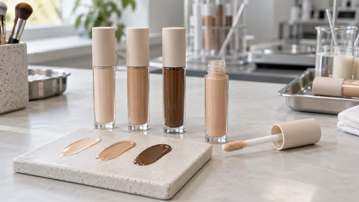Illustrative image of makeup concealers on a workshop surface.