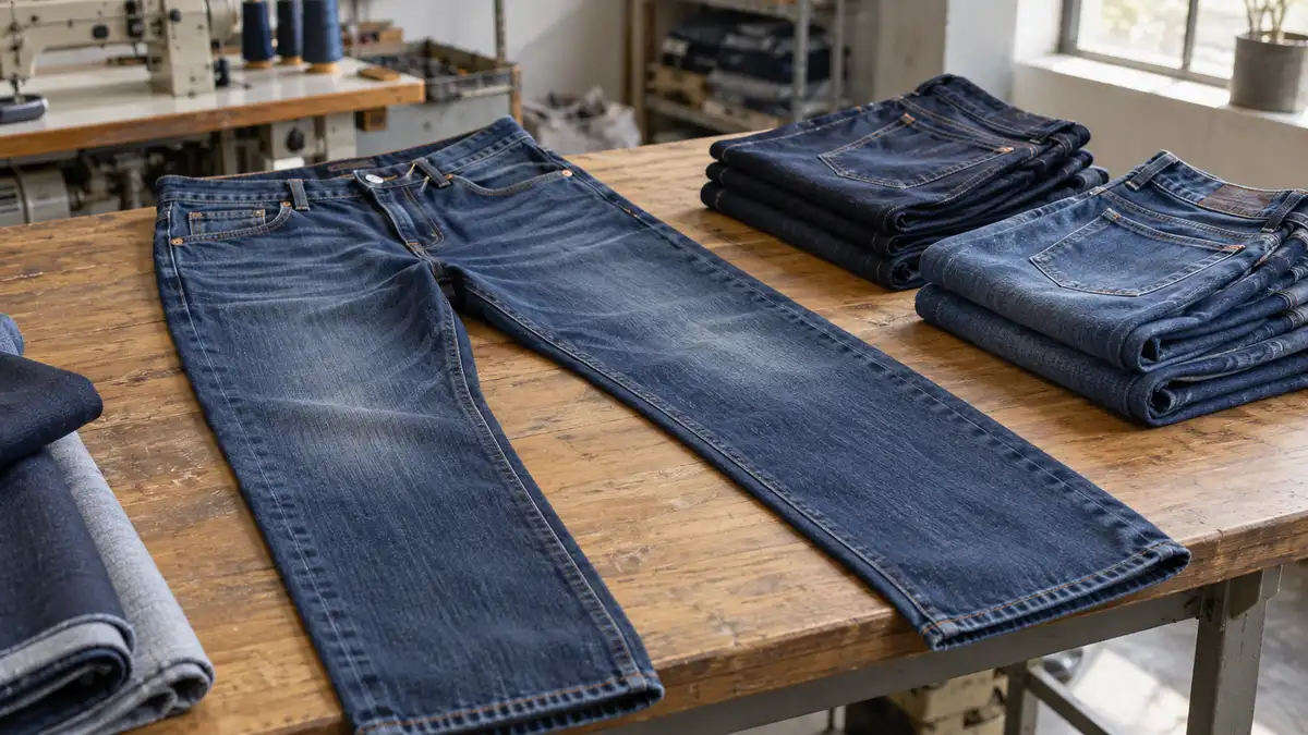 Illustrative image of Men's Denim Jeans on a workshop surface.