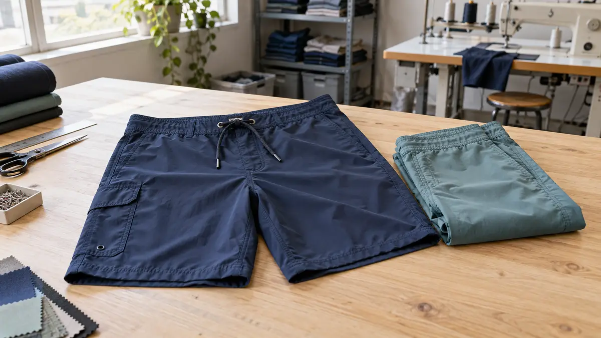 Illustrative image of men's woven board shorts on a workshop surface.