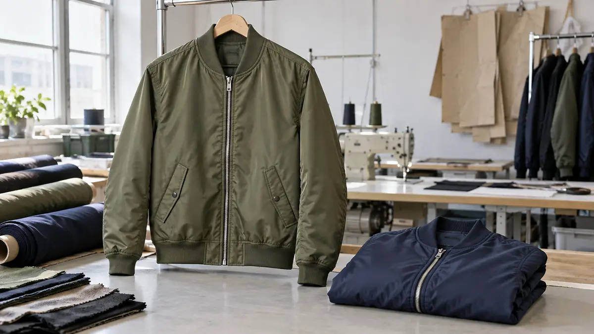 Illustrative image of men's woven bomber jackets on a workshop surface.