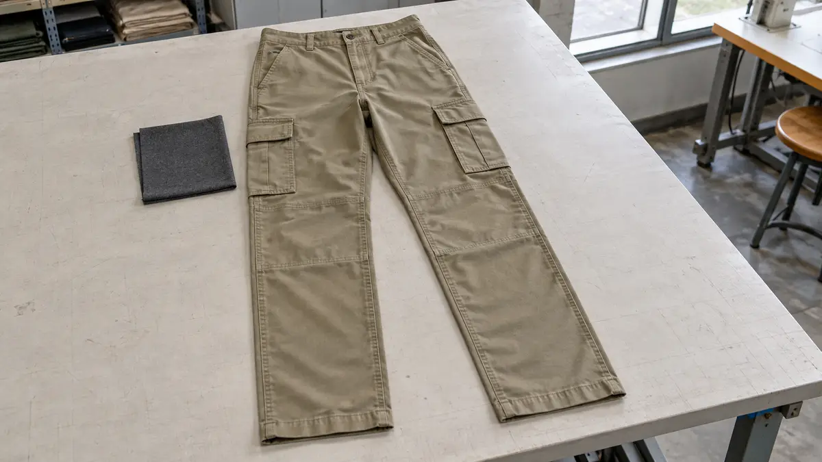 Illustrative image of men's woven cargo trousers on a workshop surface.