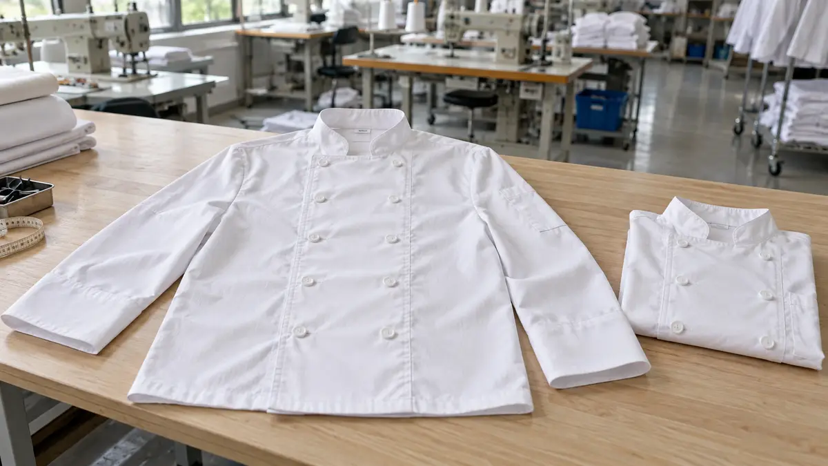 Illustrative image of men's woven chef jackets on a workshop surface.
