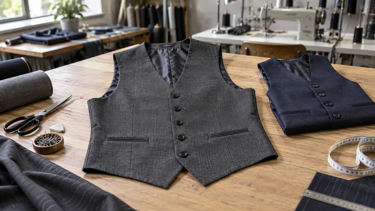 Illustrative image of men's woven waistcoats on a workshop surface.