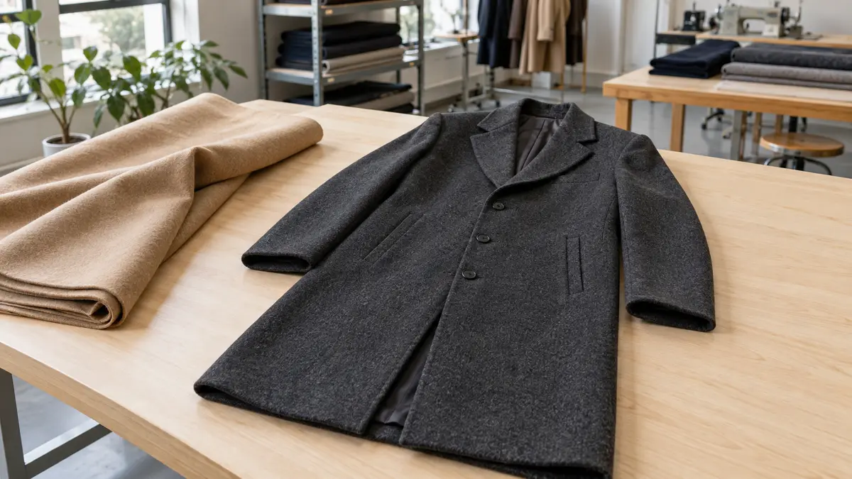Illustrative image of men's woven wool overcoats on a workshop surface.