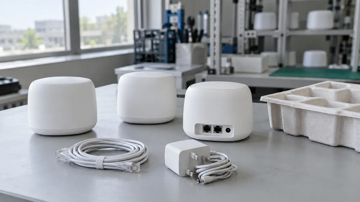 Illustrative image of mesh Wi-Fi systems on a workshop surface.