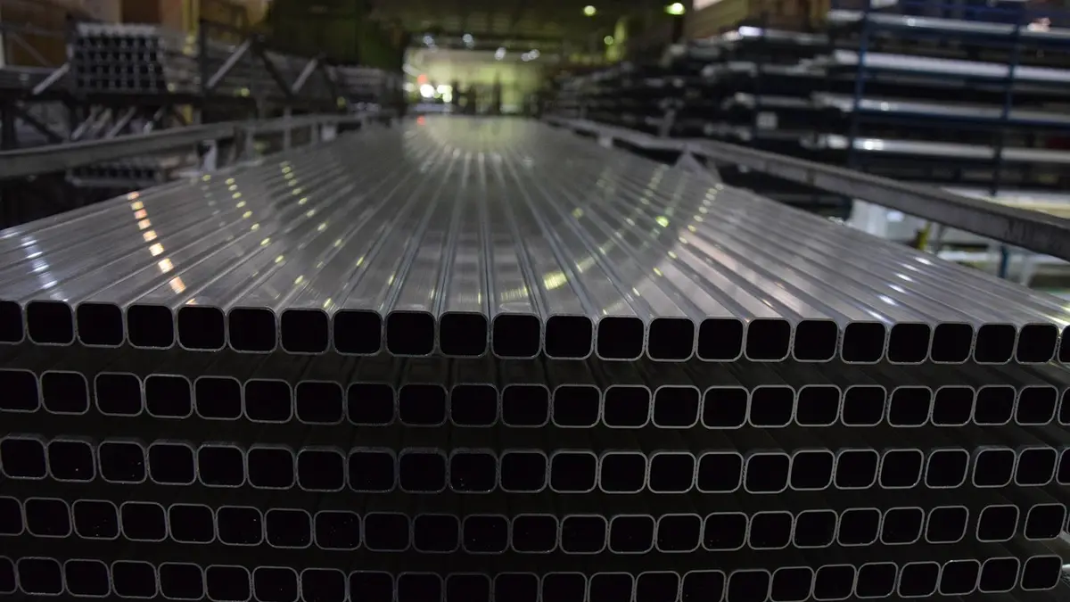 Equipment for aluminium profile production in a factory.