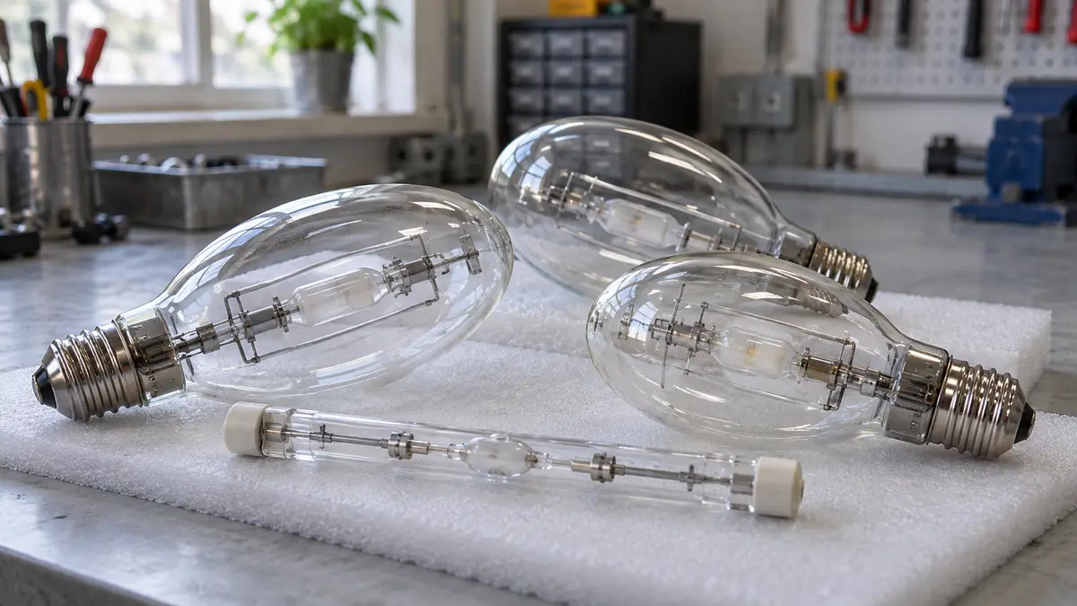 Illustrative image of metal halide lamps on a workshop surface.
