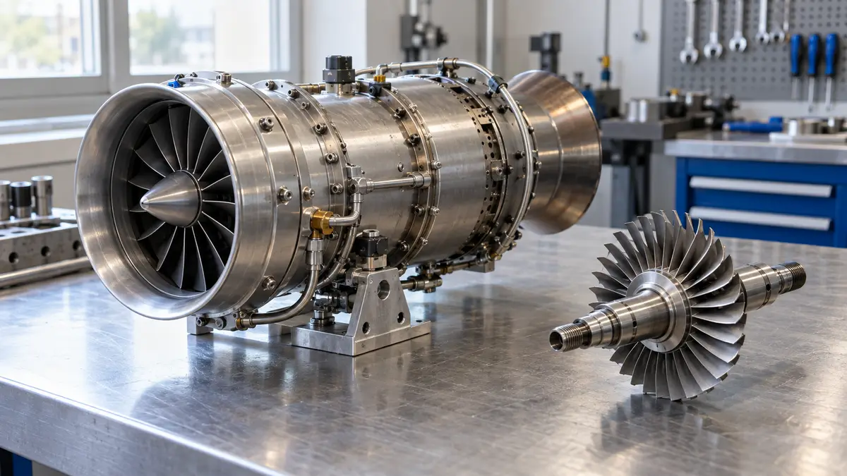 Illustrative image of micro gas turbine engines on a workshop surface.