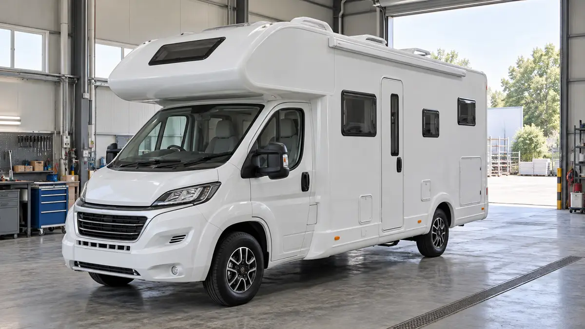 Illustrative image of motorhomes on a workshop surface.
