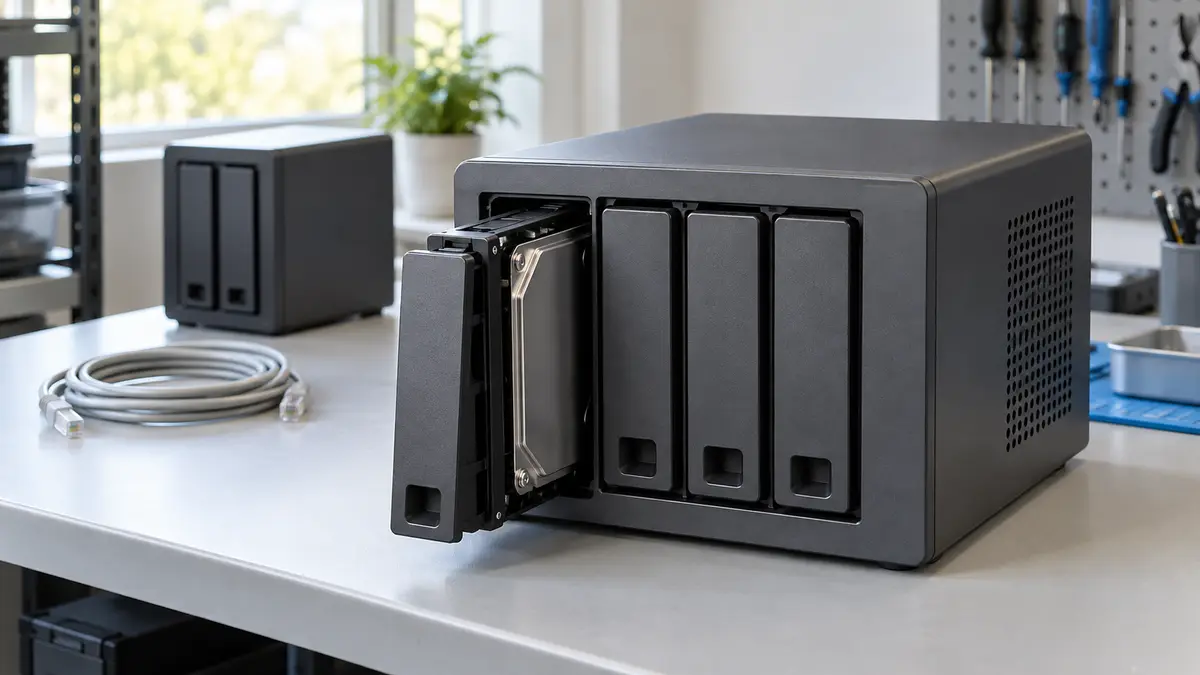 Illustrative image of NAS appliances on a workshop surface.